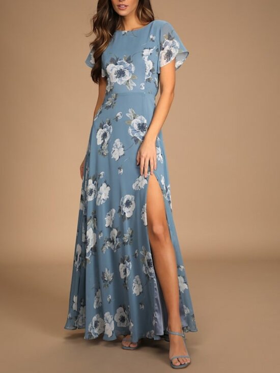 Lulus Dresses & Skirts - Lulus Classic Love Slate Blue Floral Print Tie-back Maxi Dress - Size S